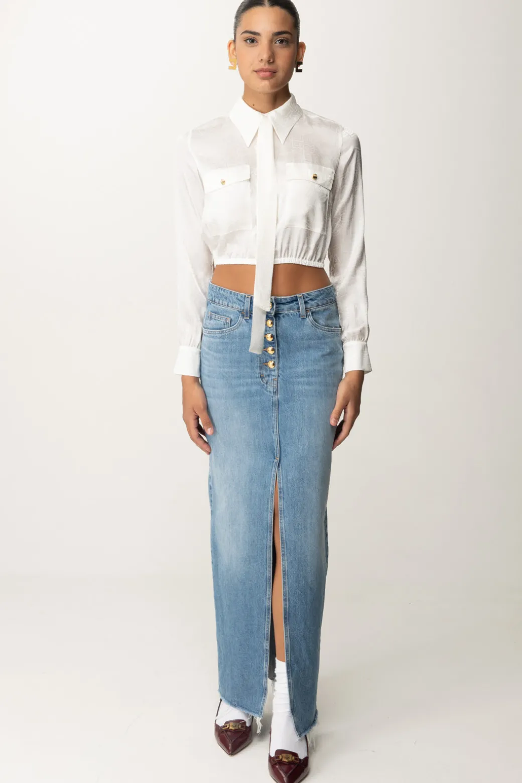 Donna Elisabetta Franchi Gonna Lunga In Jeans con Spacco Frontale