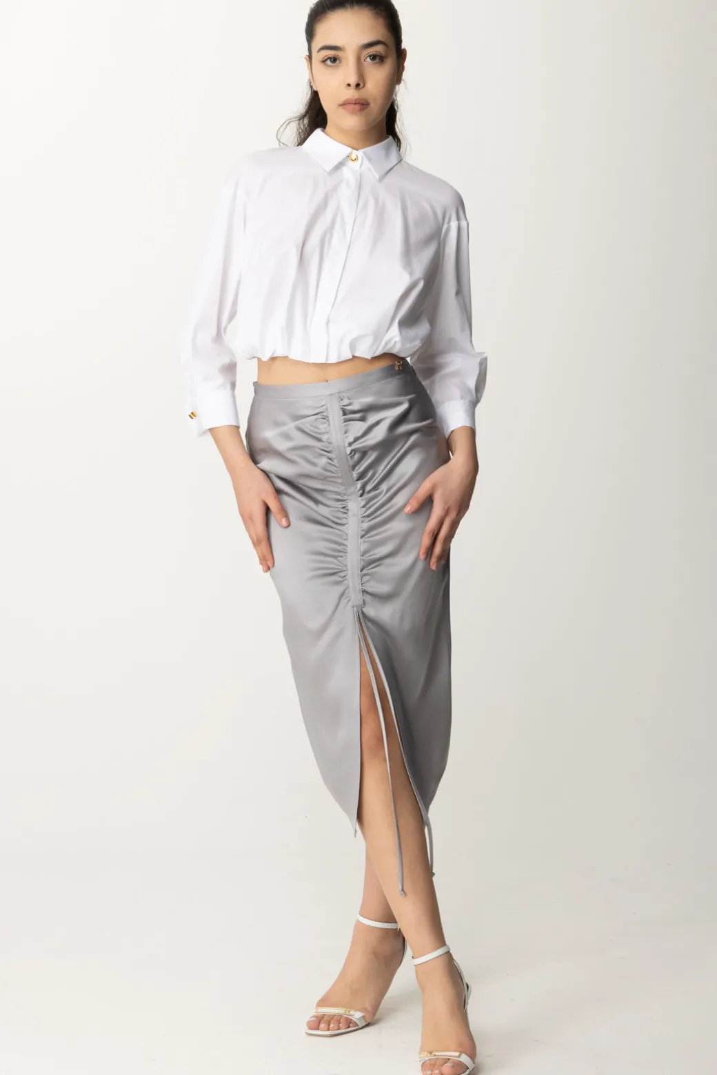 Donna Elisabetta Franchi Gonna Midi In Satin Drappeggiata