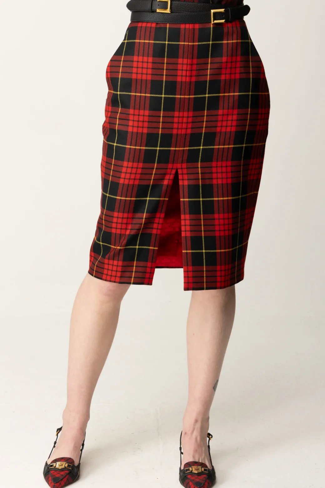 Donna Elisabetta Franchi Gonna Tartan a Tubino con Cintura