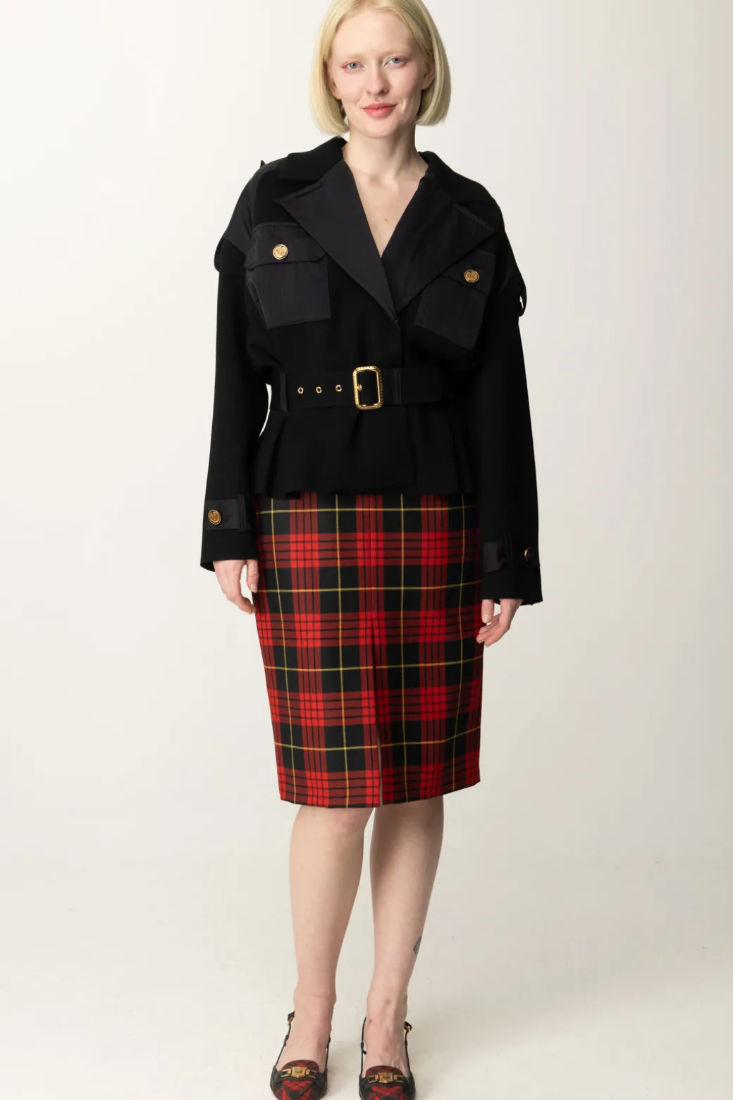 Donna Elisabetta Franchi Gonna Tartan a Tubino con Cintura