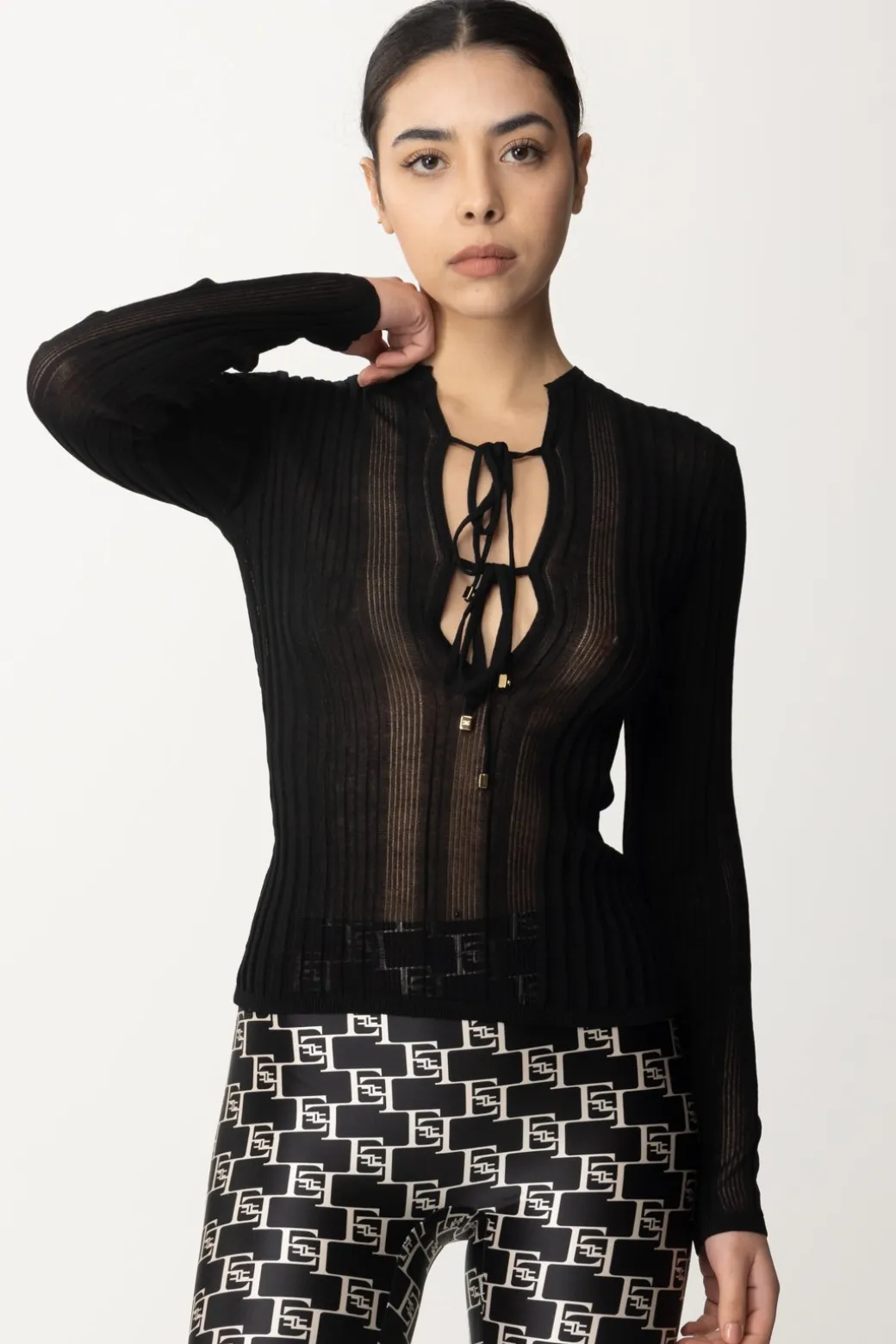 Donna Elisabetta Franchi Maglia a Coste con Scollatura Criss Cross