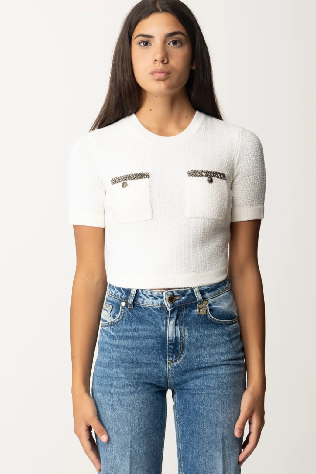 Donna Elisabetta Franchi Maglia Crop a Maniche Corte In Lana Bouclé