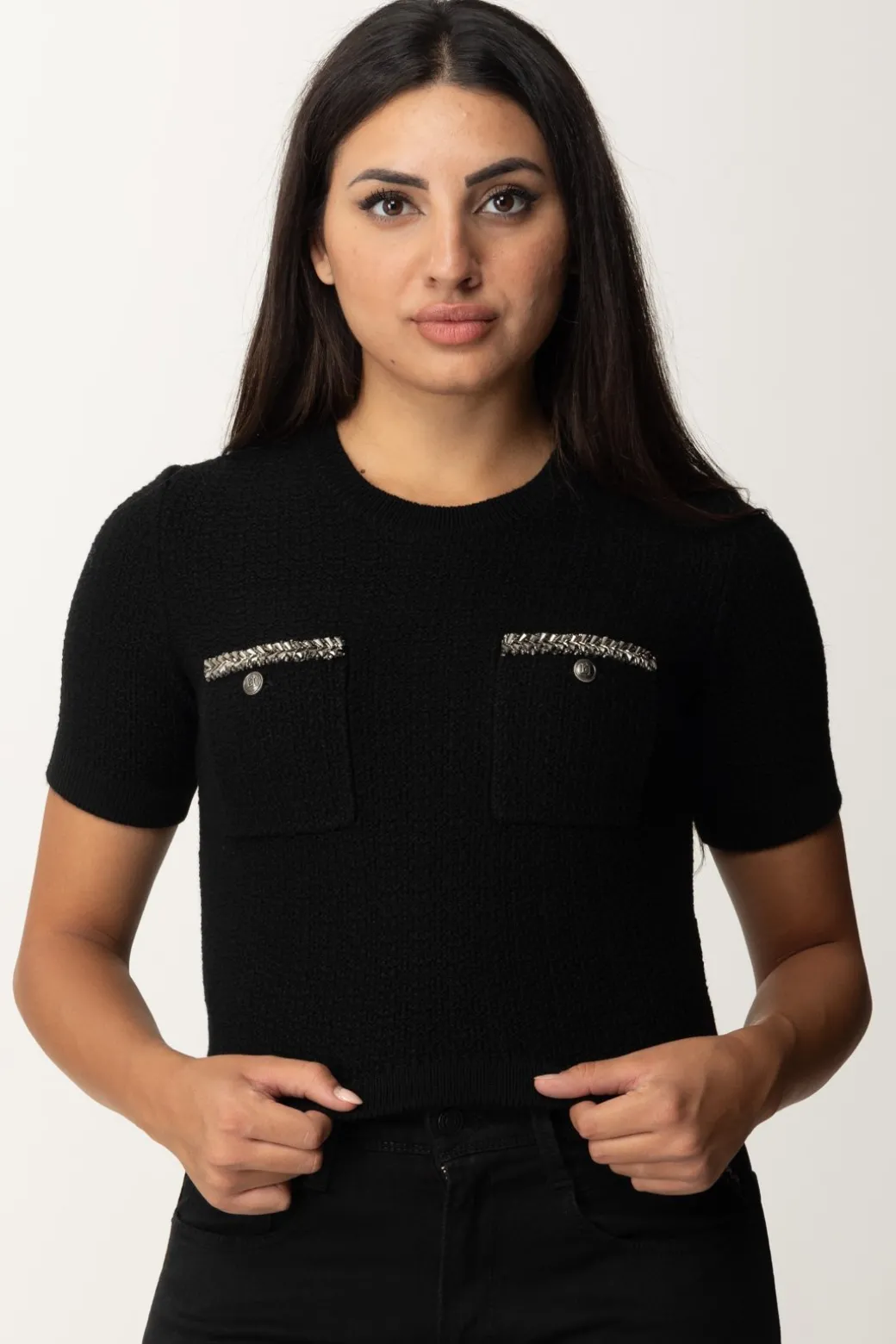 Donna Elisabetta Franchi Maglia Crop a Maniche Corte In Lana Bouclé