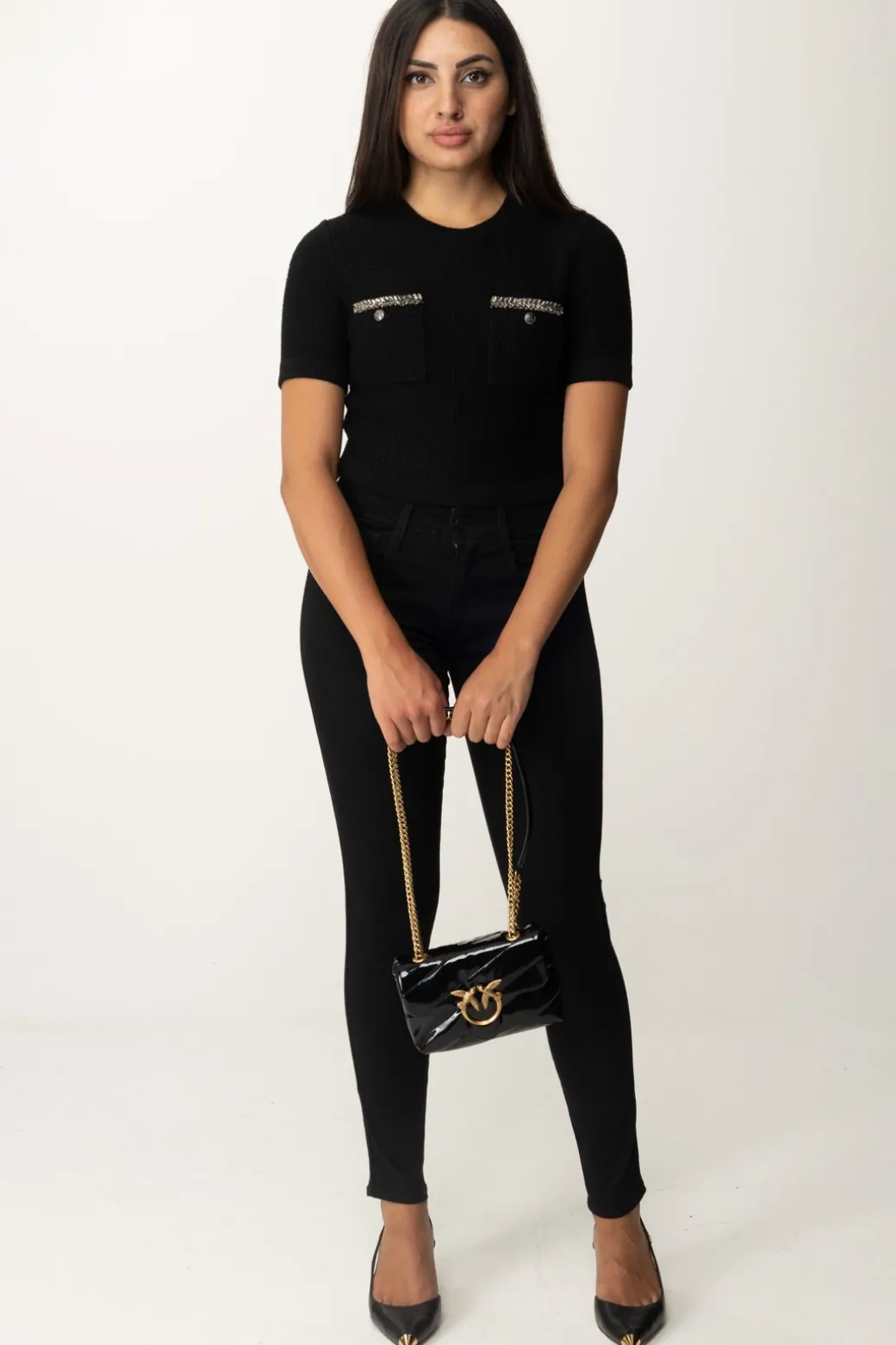 Donna Elisabetta Franchi Maglia Crop a Maniche Corte In Lana Bouclé