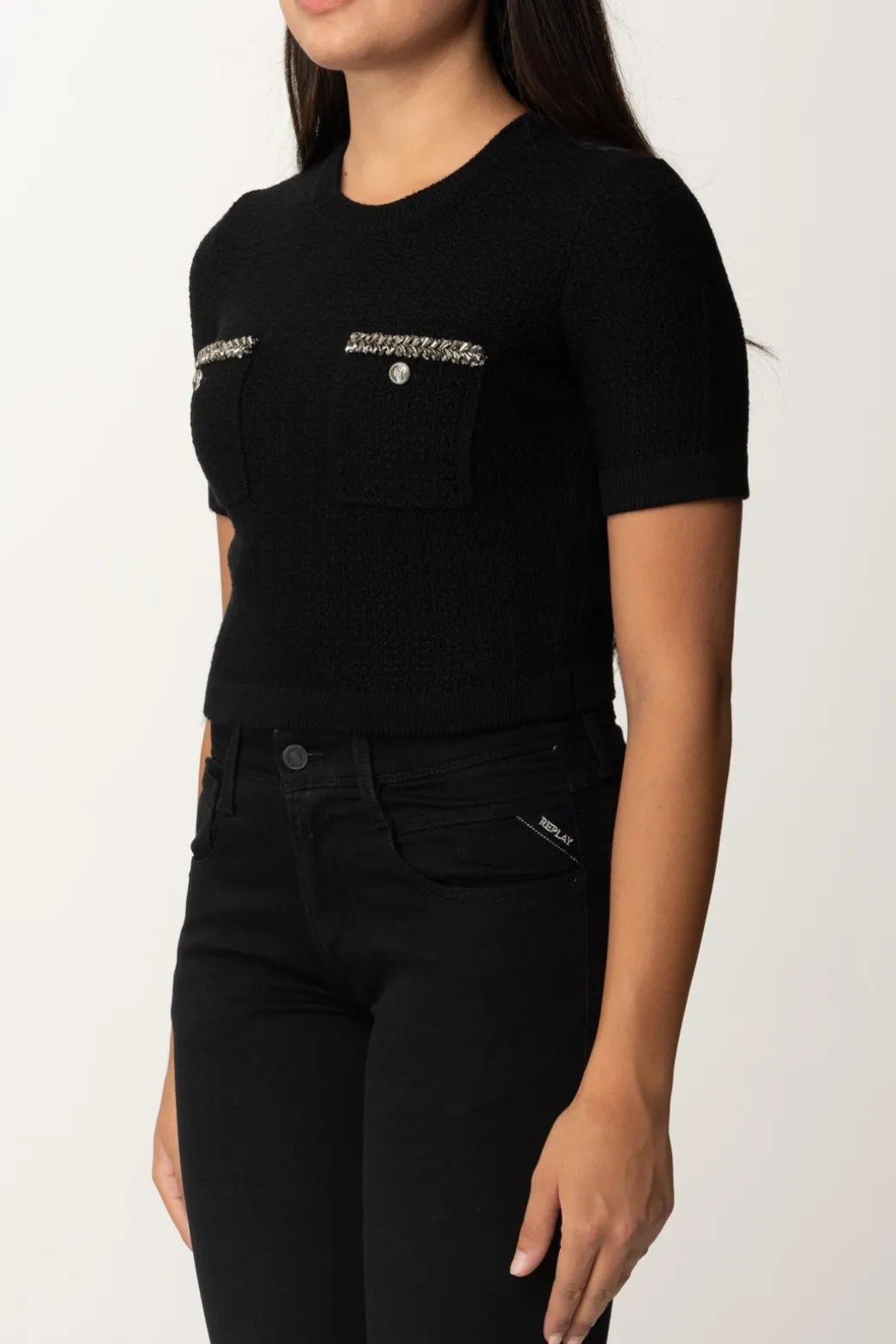 Donna Elisabetta Franchi Maglia Crop a Maniche Corte In Lana Bouclé