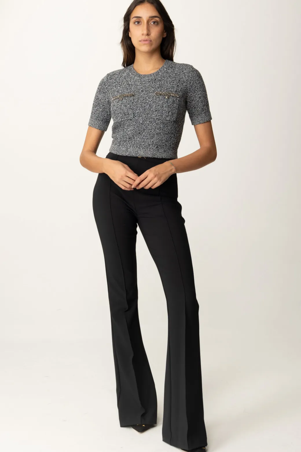Donna Elisabetta Franchi Maglia Crop a Maniche Corte In Lana Bouclé