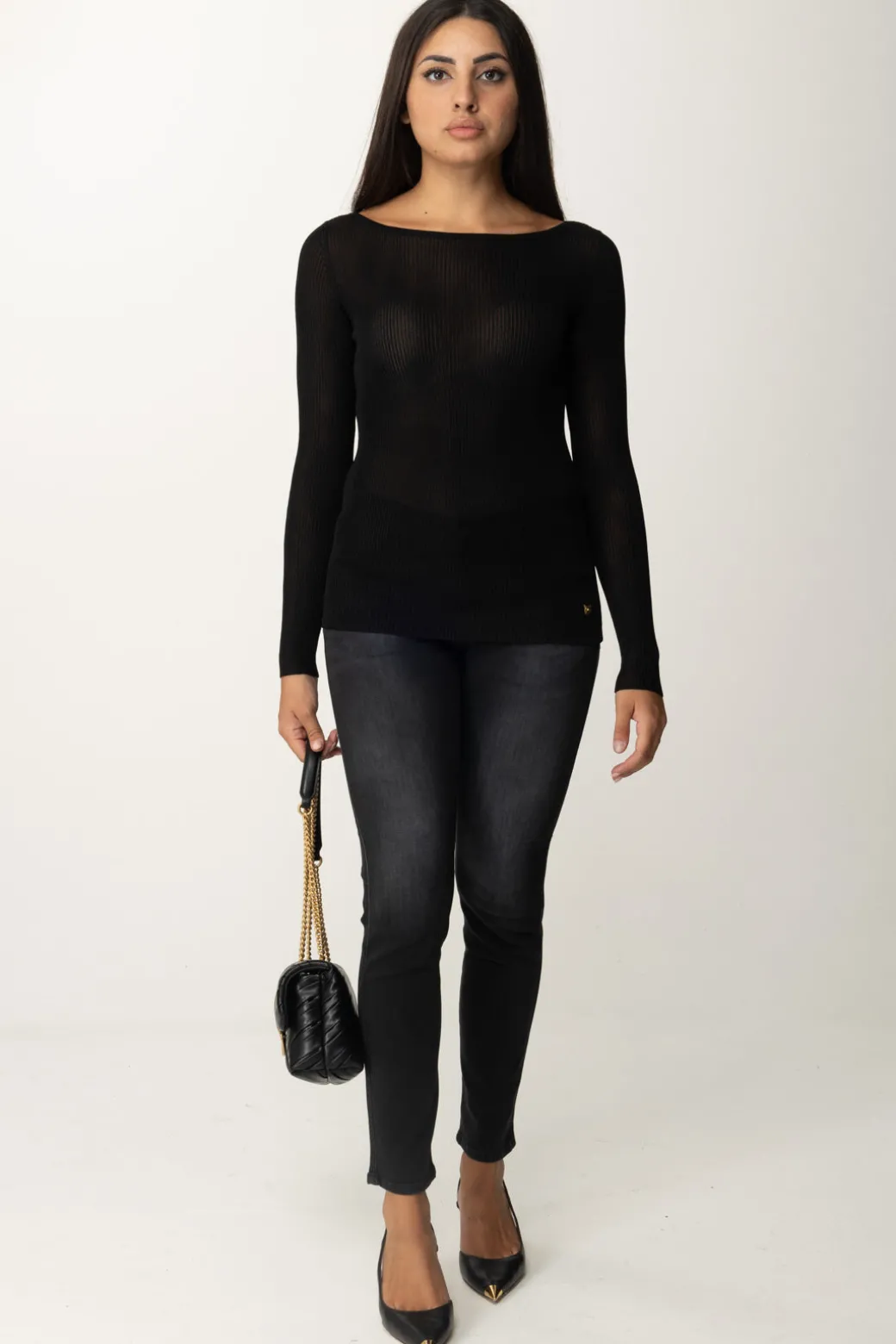 Donna Elisabetta Franchi Maglia In Viscosa a Costine con Placca Logo