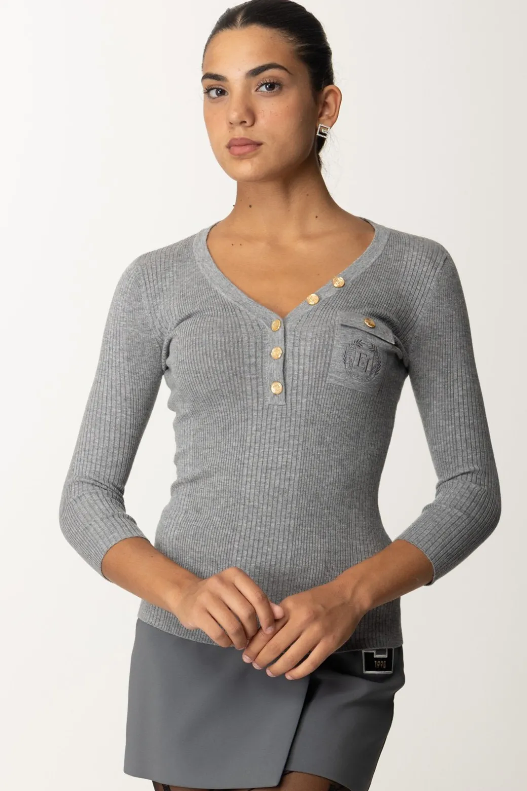 Donna Elisabetta Franchi Maglia Scollo a V con Ricamo Logo