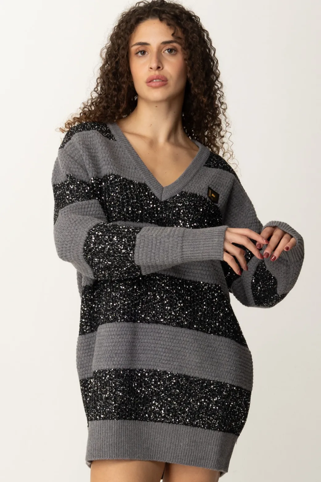 Donna Elisabetta Franchi Maxi Maglia a Righe In Lana con Paillettes