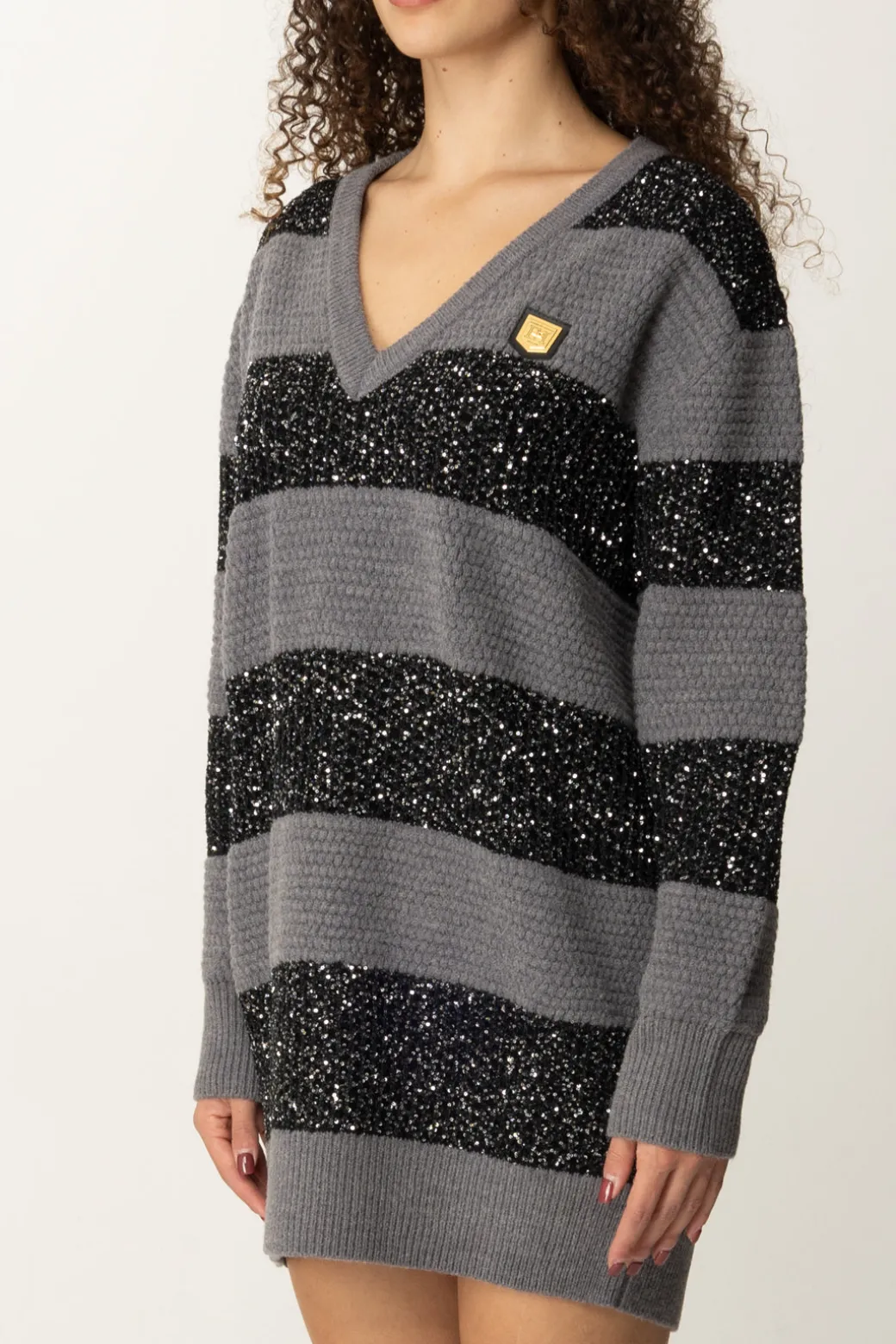 Donna Elisabetta Franchi Maxi Maglia a Righe In Lana con Paillettes