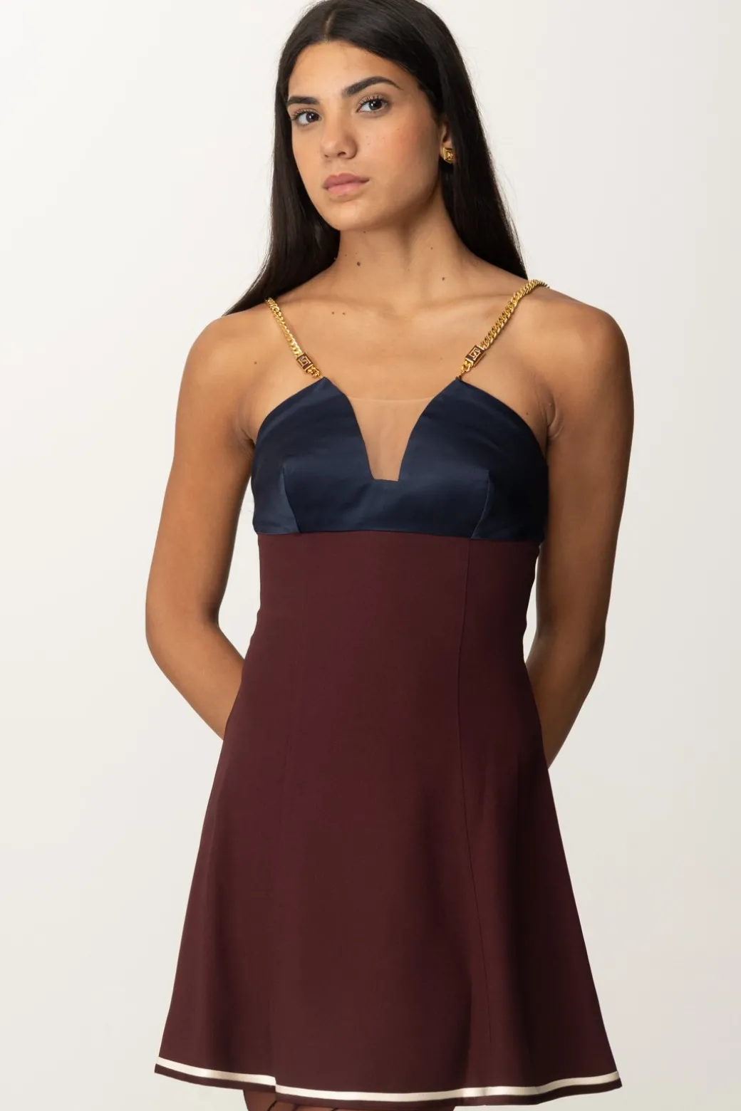 Donna Elisabetta Franchi Mini Abito Bicolor con Spalline Catena