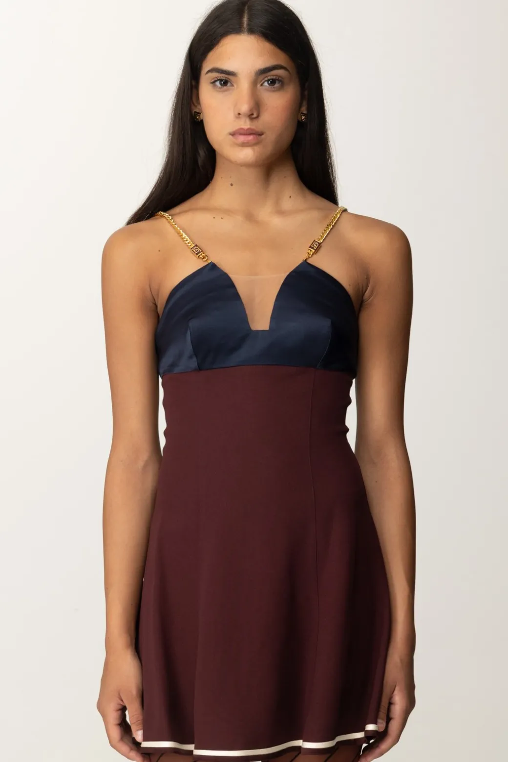 Donna Elisabetta Franchi Mini Abito Bicolor con Spalline Catena