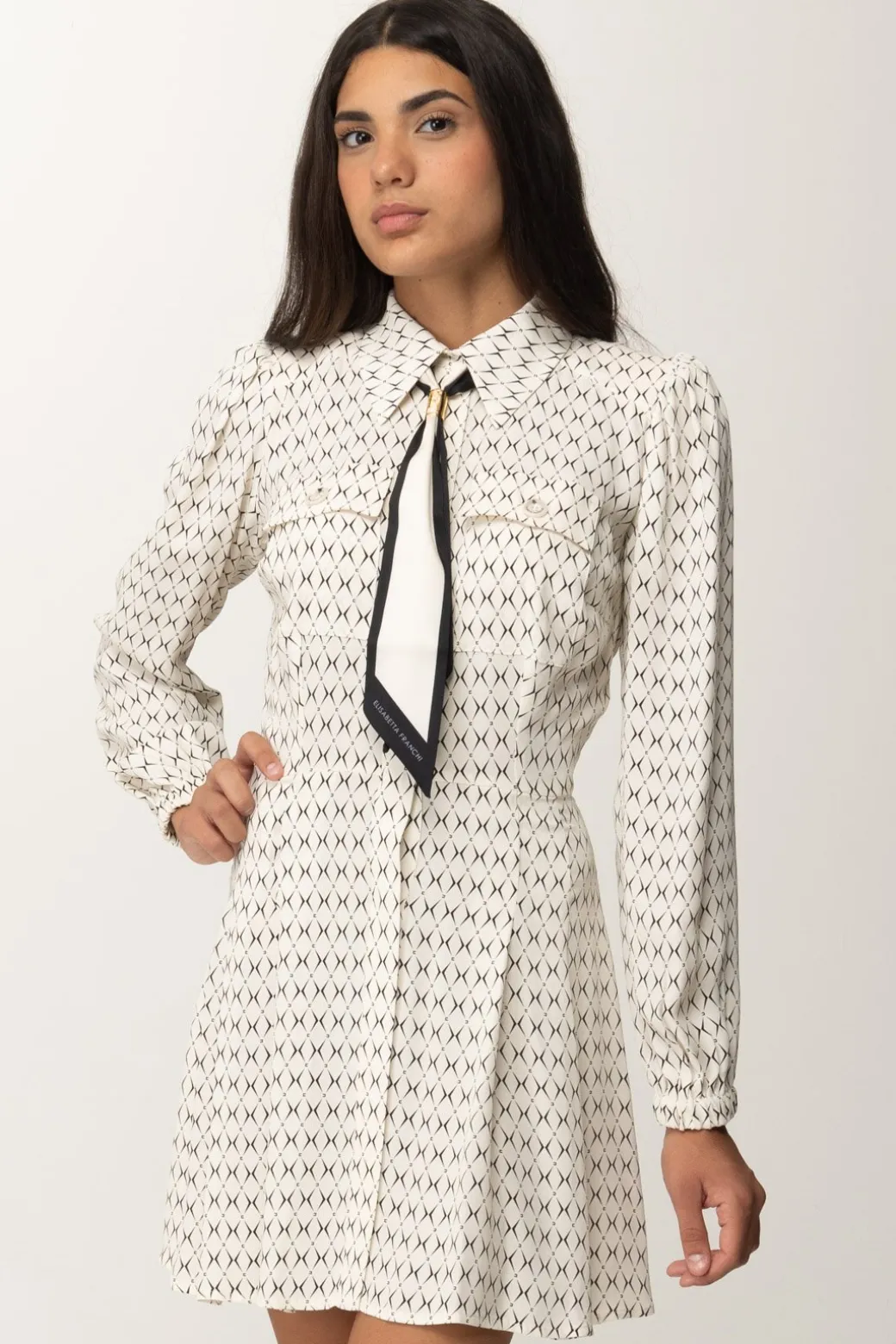 Donna Elisabetta Franchi Mini Abito In Georgette con Foulard e Stampa Rombi