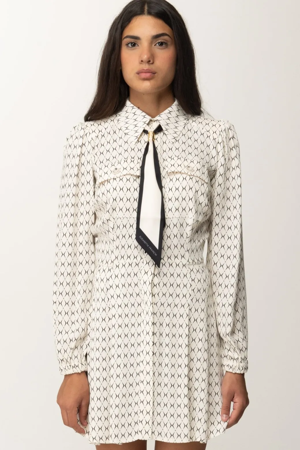 Donna Elisabetta Franchi Mini Abito In Georgette con Foulard e Stampa Rombi