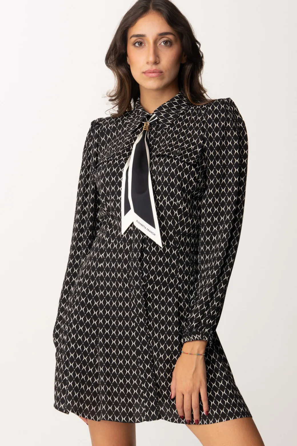 Donna Elisabetta Franchi Mini Abito In Georgette con Foulard e Stampa Rombi