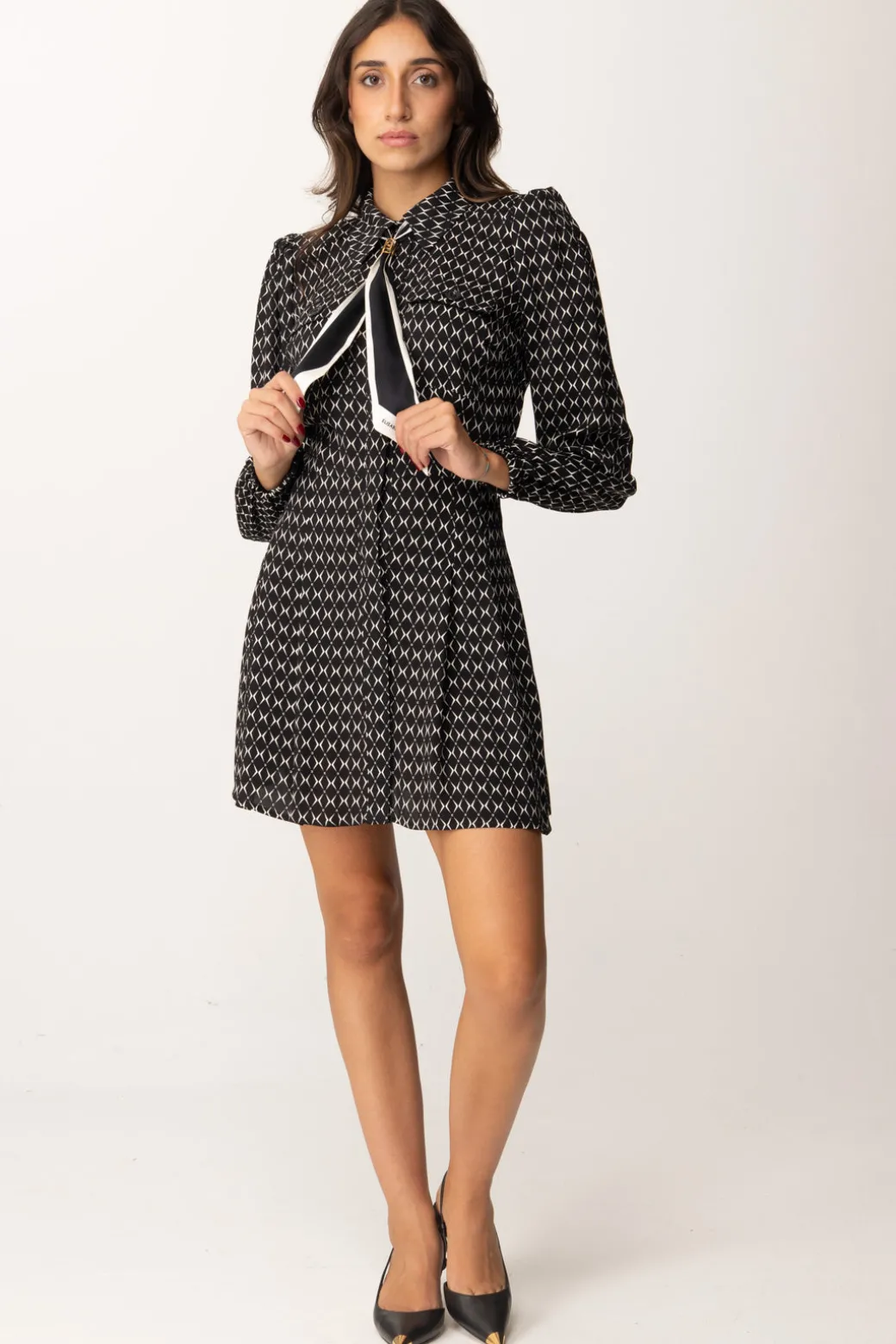 Donna Elisabetta Franchi Mini Abito In Georgette con Foulard e Stampa Rombi