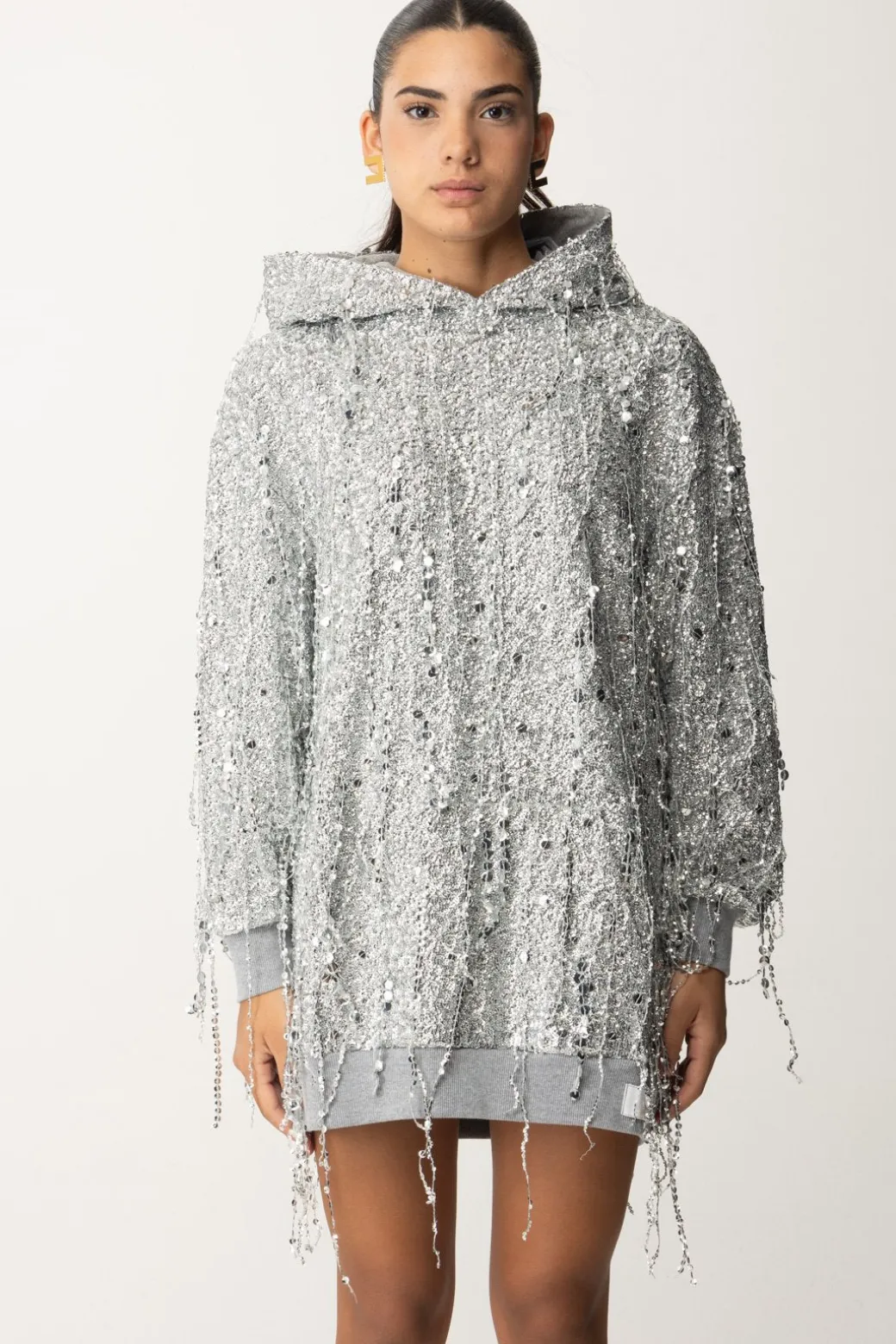 Donna Elisabetta Franchi Miniabito In Felpa con Cappuccio e Frange Di Paillettes