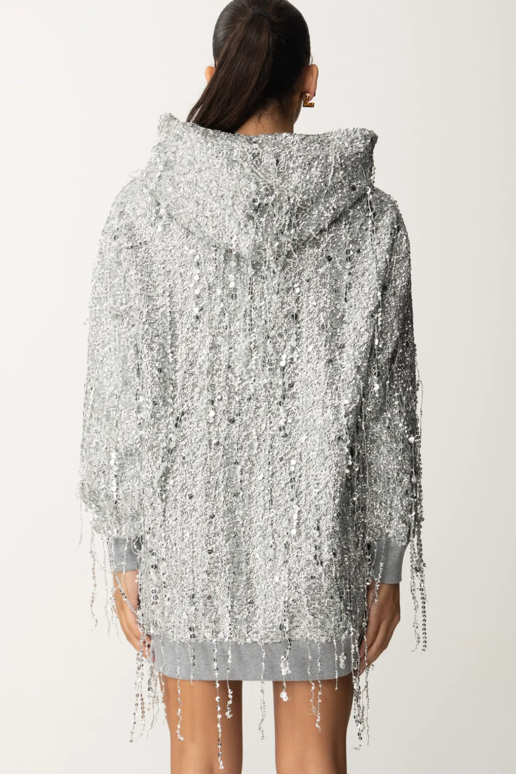 Donna Elisabetta Franchi Miniabito In Felpa con Cappuccio e Frange Di Paillettes