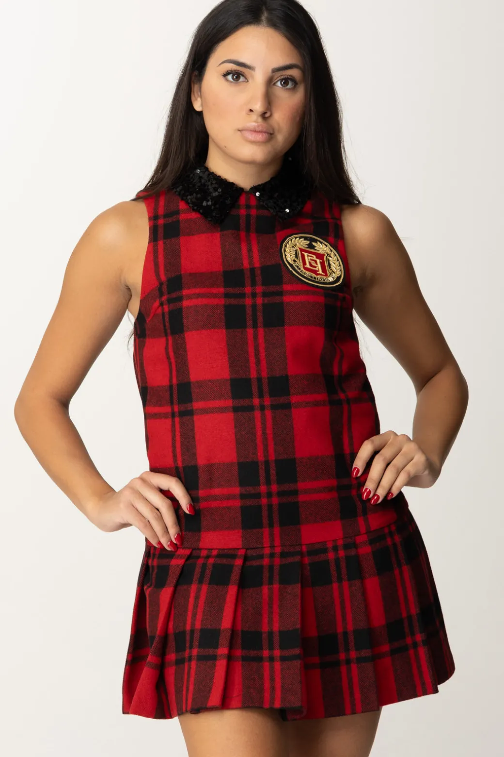 Donna Elisabetta Franchi Miniabito Tartan con Patch Ricamato