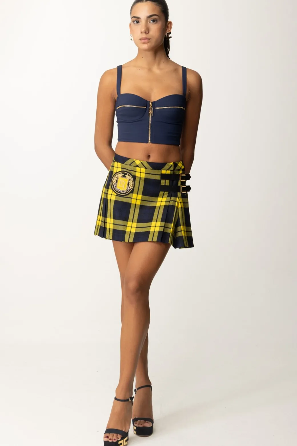 Donna Elisabetta Franchi Minigonna a Pieghe Tartan con Patch