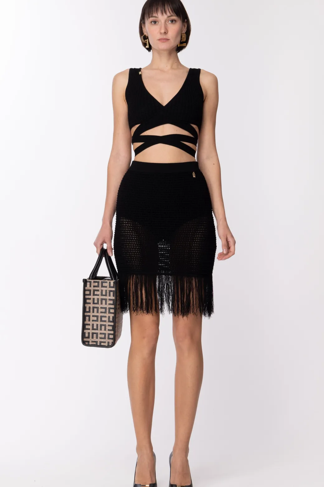 Donna Elisabetta Franchi Minigonna Punto Uncinetto con Frange