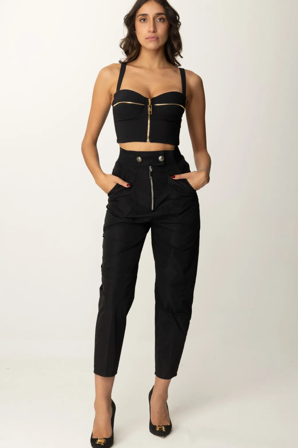 Donna Elisabetta Franchi Pantaloni Boyfriend In Nylon con Zip