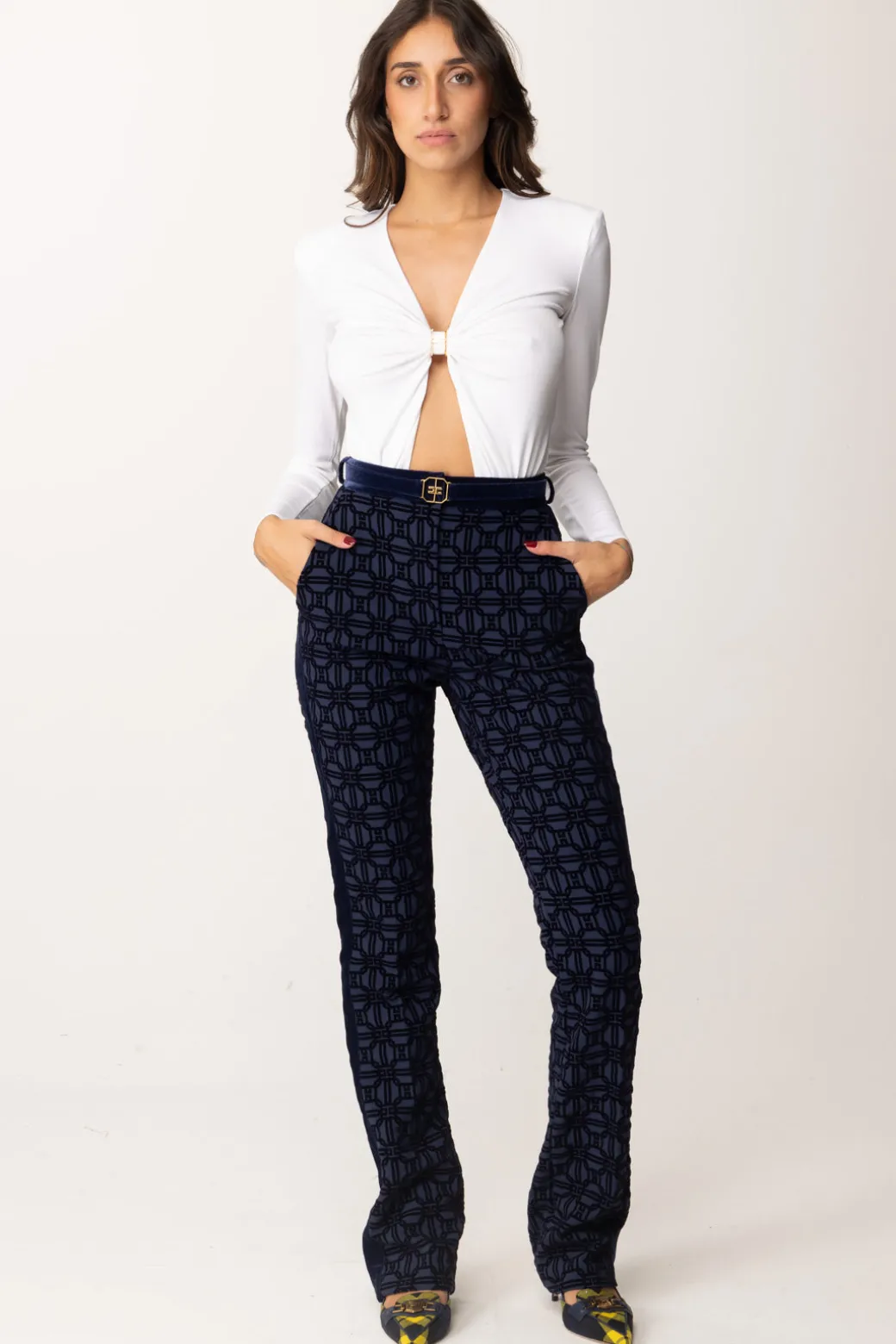 Donna Elisabetta Franchi Pantaloni con Stampa Flock e Cintura