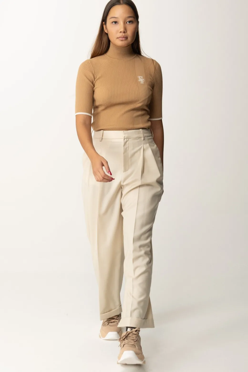 Donna Elisabetta Franchi Pantaloni In Fresco Lana con Pinces e Risvolti
