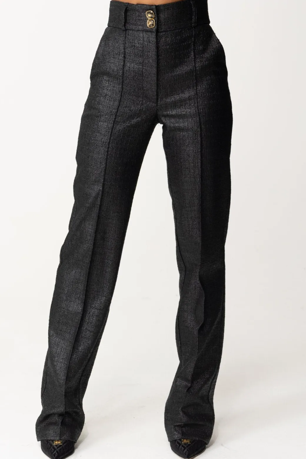 Donna Elisabetta Franchi Pantaloni Vita Alta In Tweed Laminato
