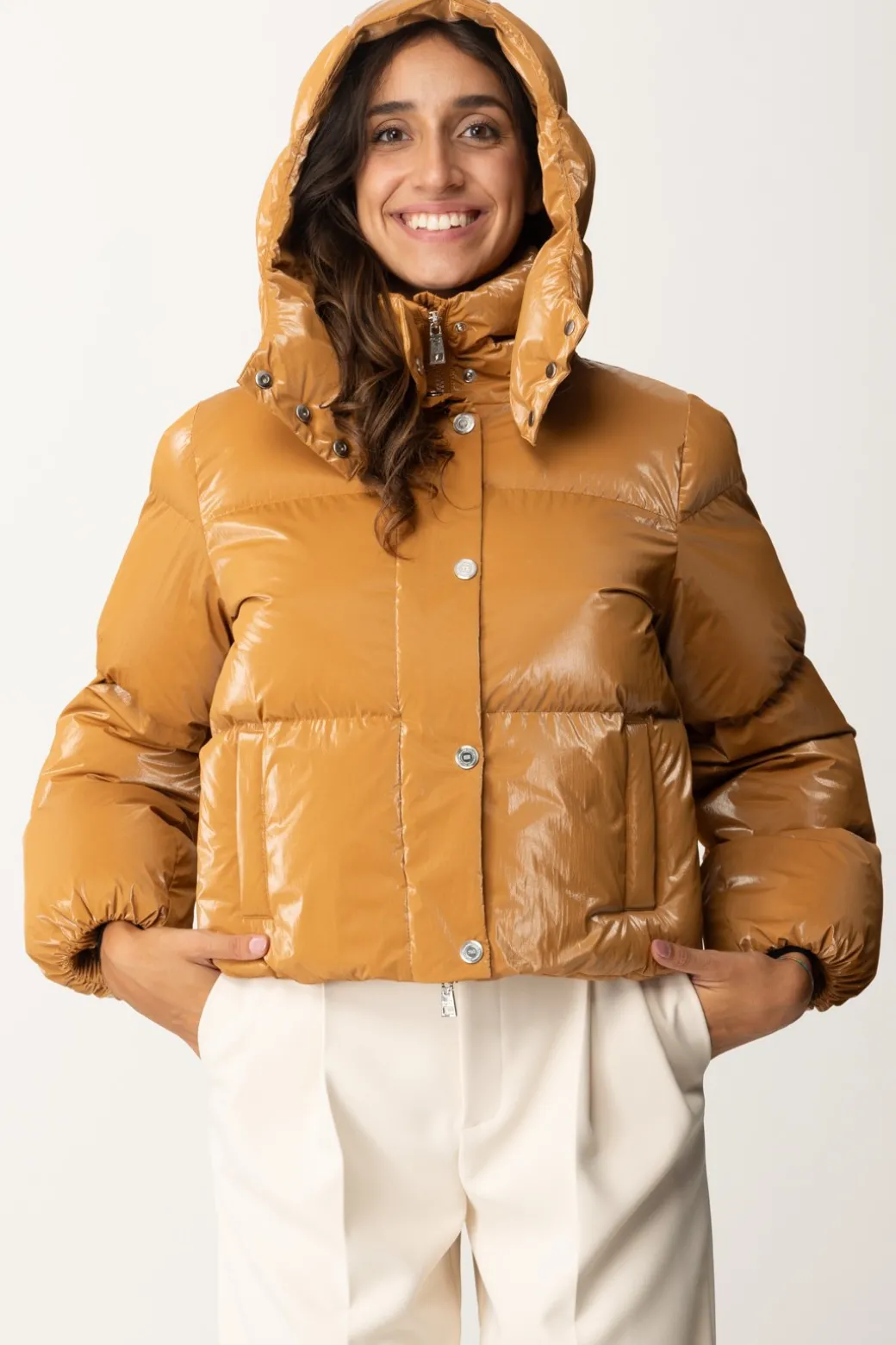 Donna Elisabetta Franchi Piumino Crop In Nylon Effetto Metallizzato