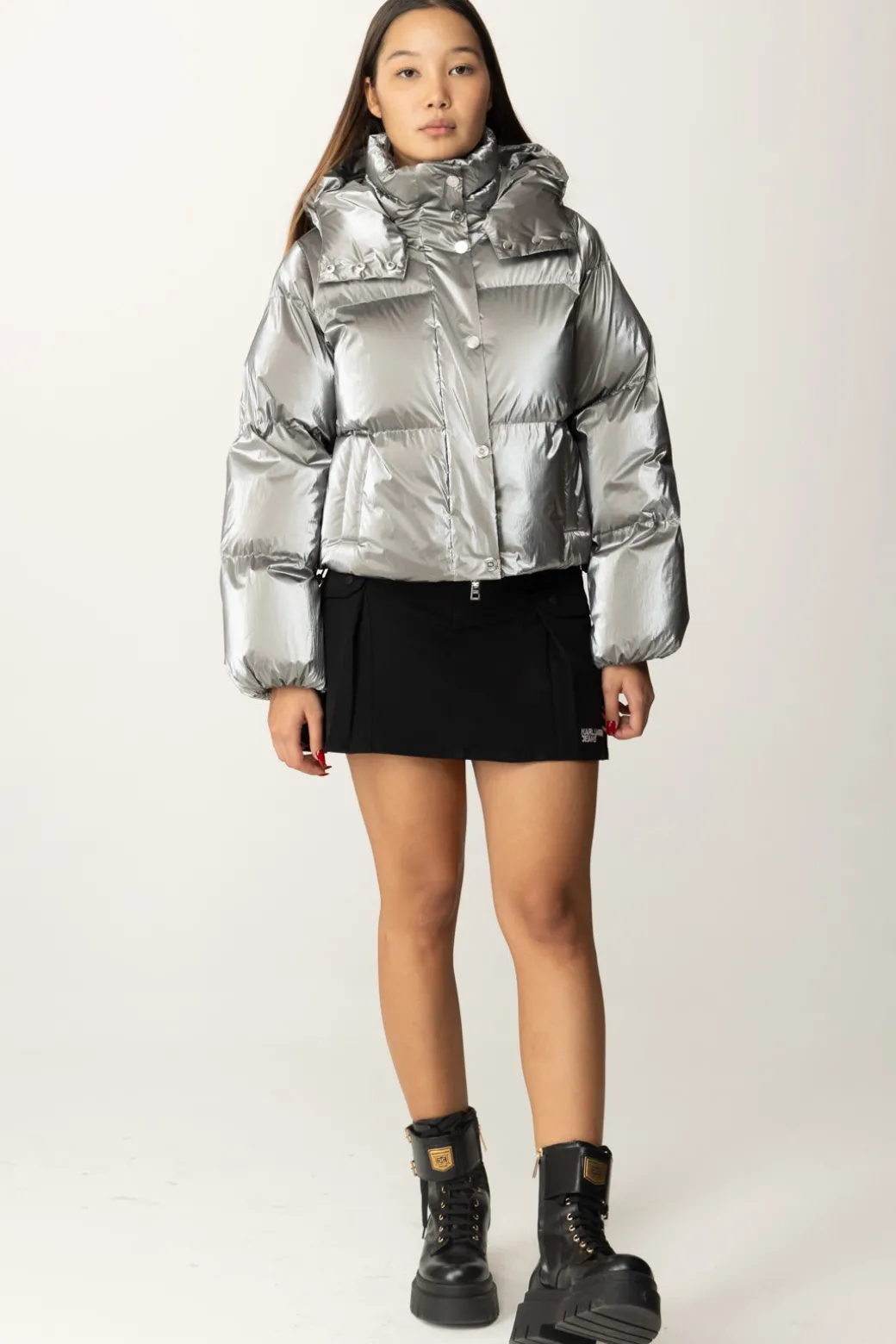 Donna Elisabetta Franchi Piumino Crop In Nylon Effetto Metallizzato