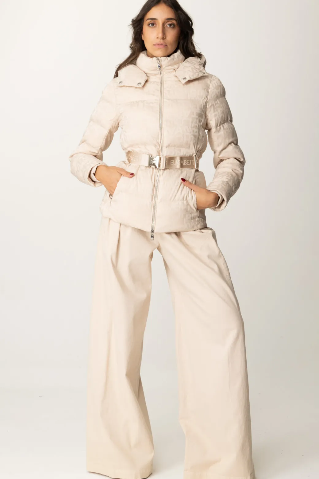 Donna Elisabetta Franchi Piumino In Nylon Jacquard con Cintura