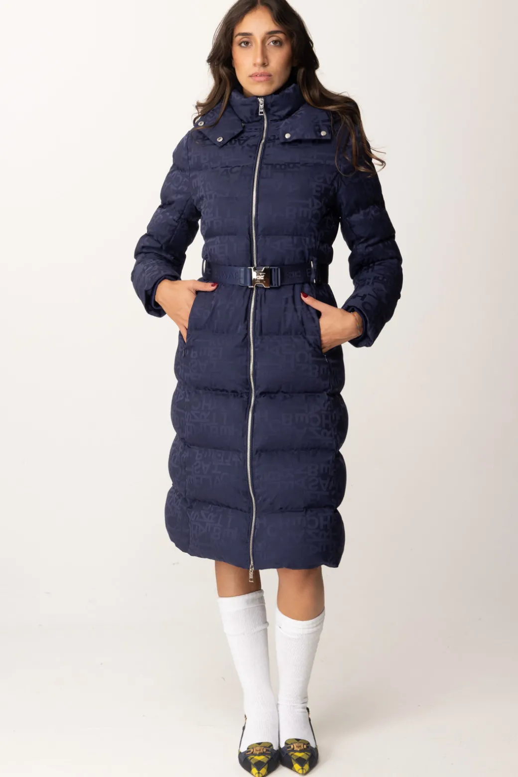 Donna Elisabetta Franchi Piumino Lungo In Nylon Lettering