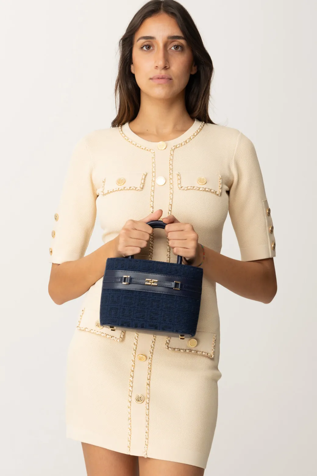 Donna Elisabetta Franchi Shopper Piccola In Tessuto Jacquard con Morsetto