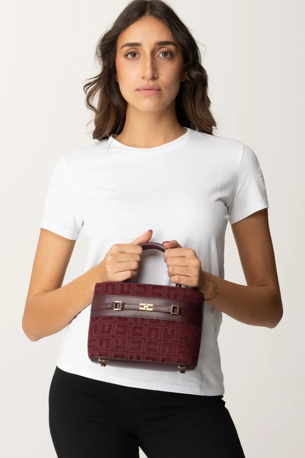 Donna Elisabetta Franchi Shopper Piccola In Tessuto Jacquard con Morsetto