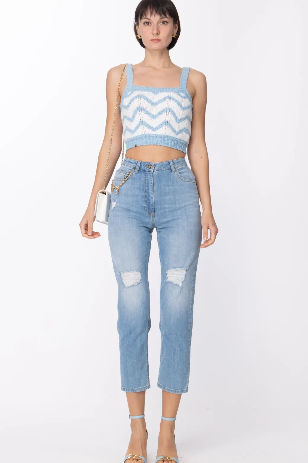 Donna Elisabetta Franchi Top con Bretelle e Disegno Chevron