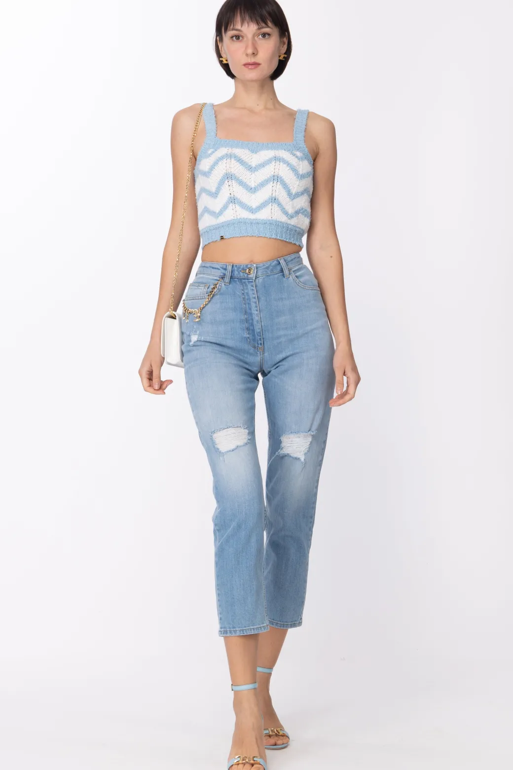 Donna Elisabetta Franchi Top con Bretelle e Disegno Chevron