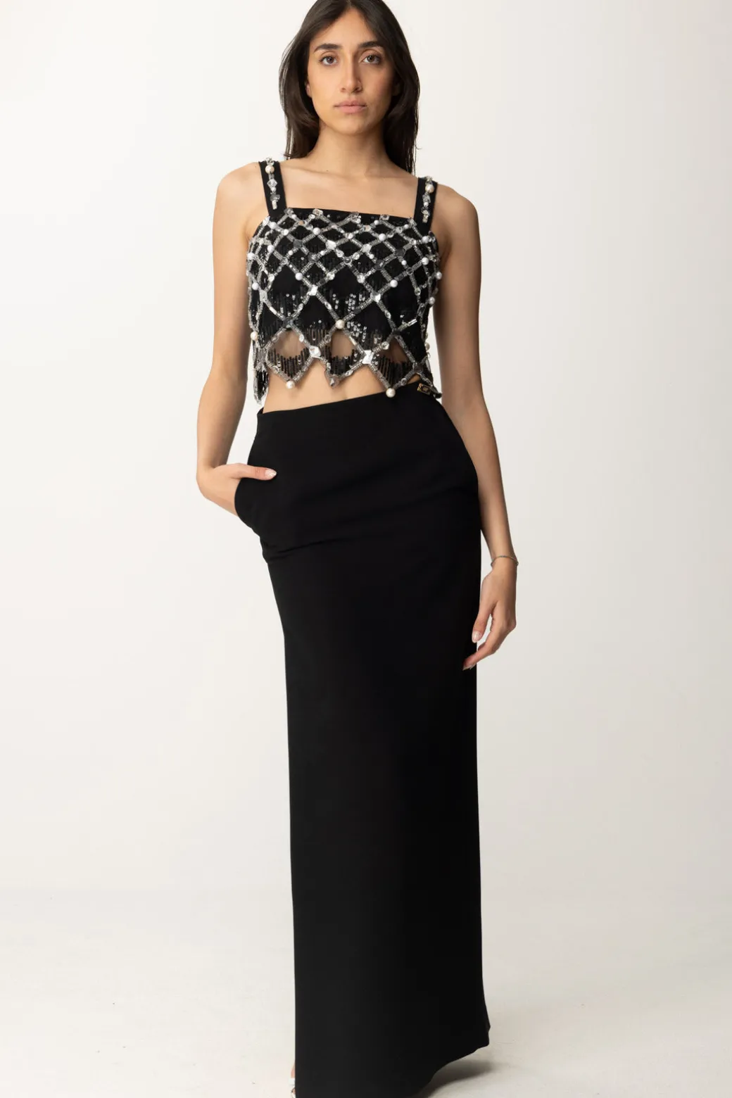Donna Elisabetta Franchi Top Corto con Ricamo Geometrico