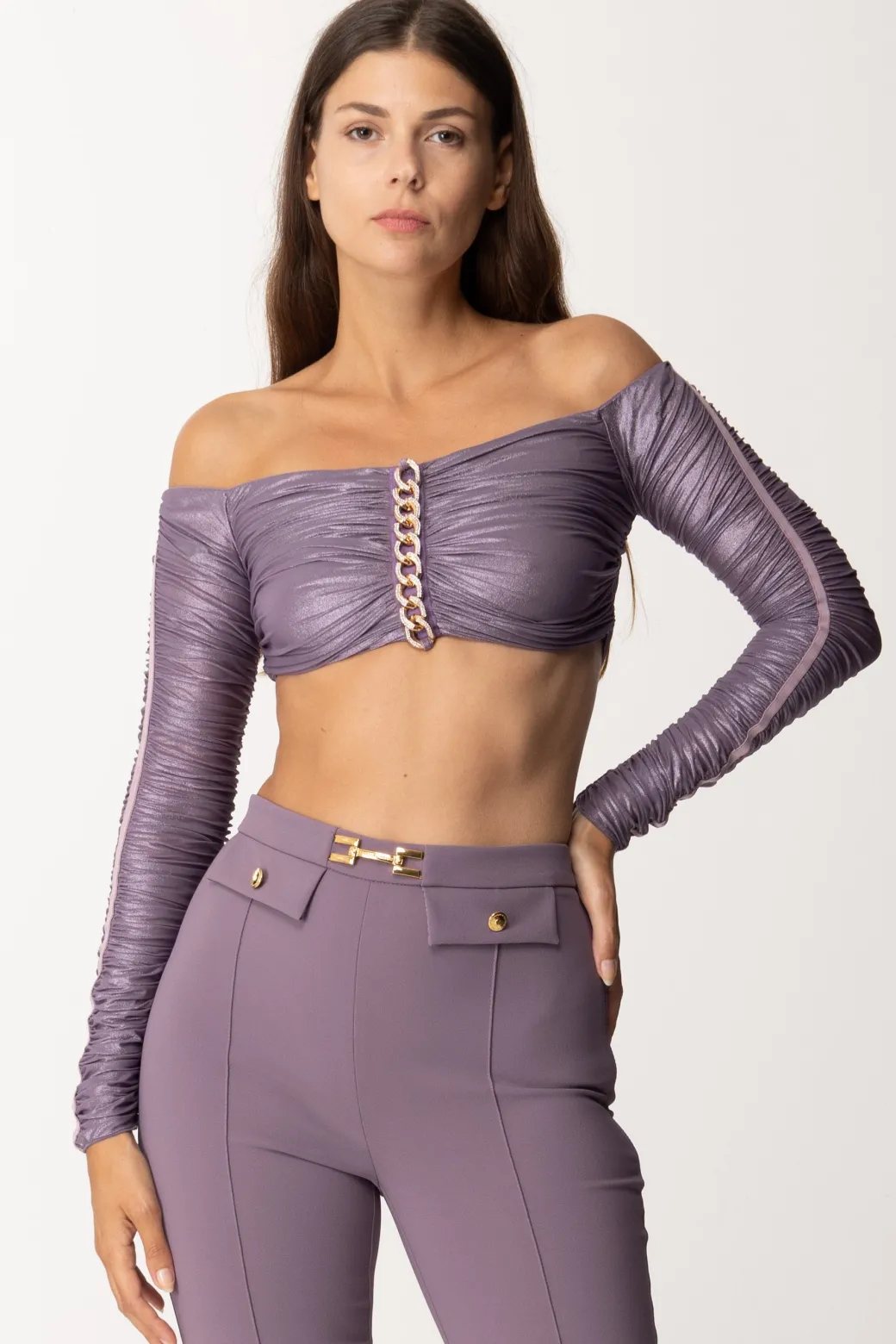 Donna Elisabetta Franchi Top Crop In Jersey Laminato con Catena