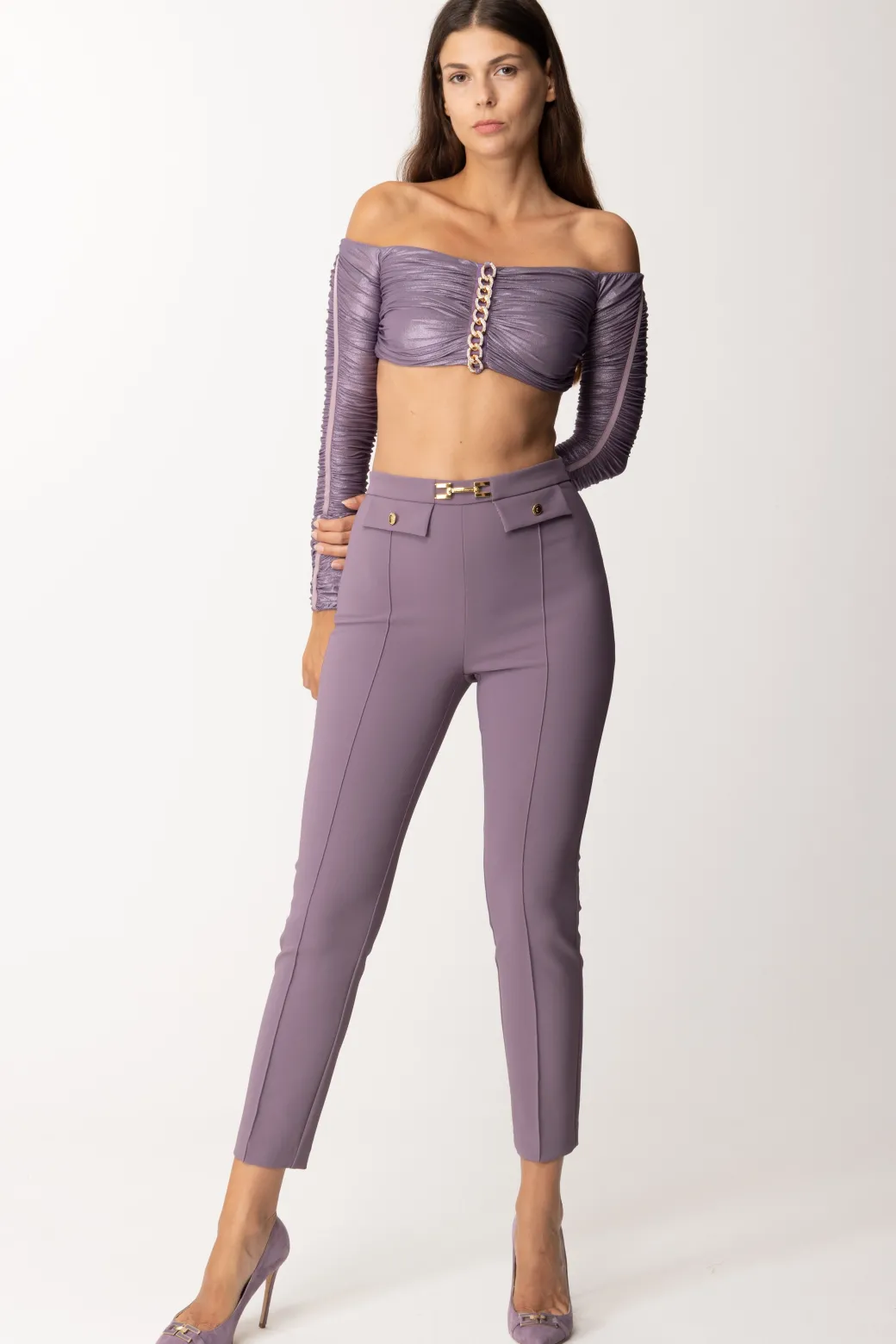 Donna Elisabetta Franchi Top Crop In Jersey Laminato con Catena