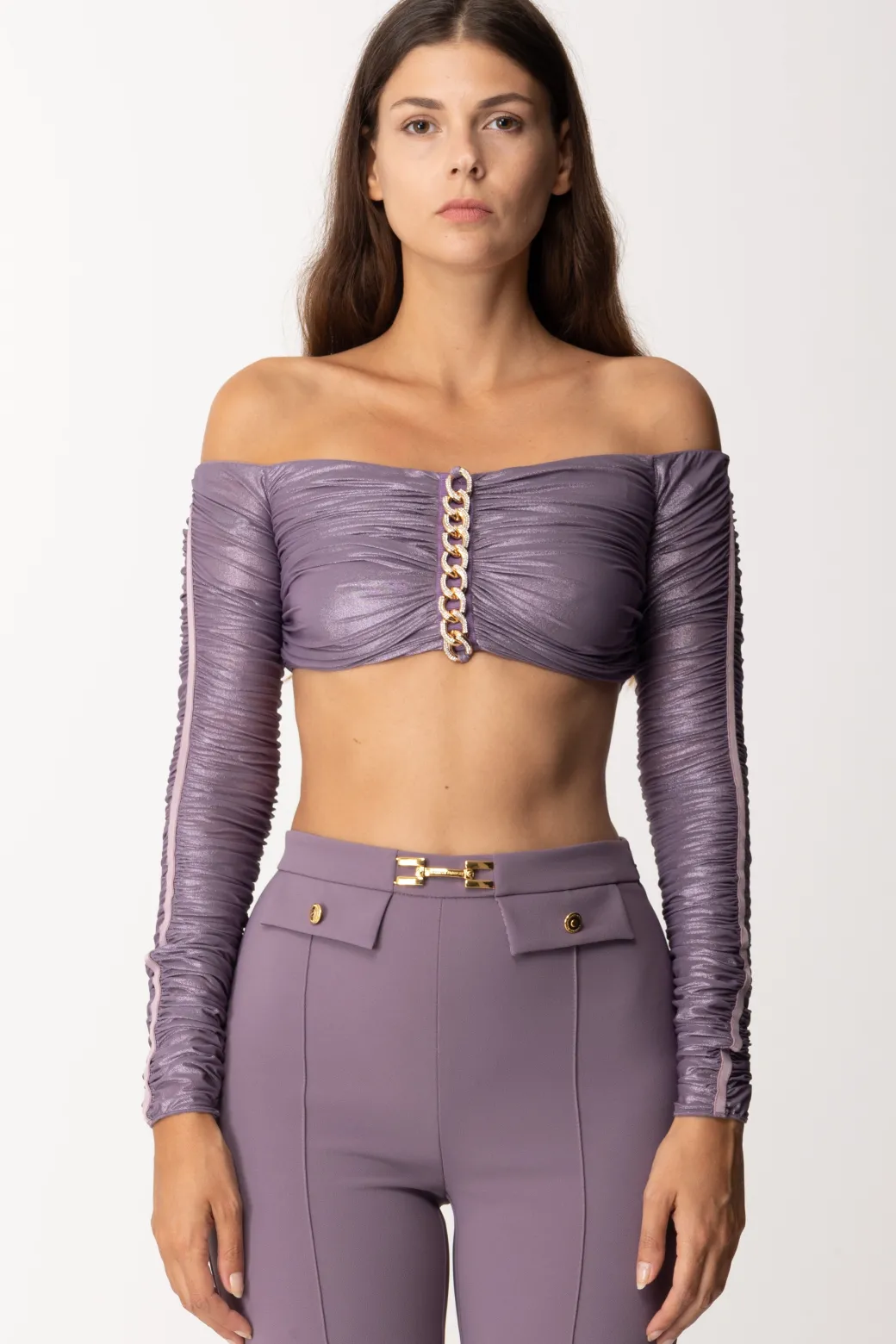Donna Elisabetta Franchi Top Crop In Jersey Laminato con Catena
