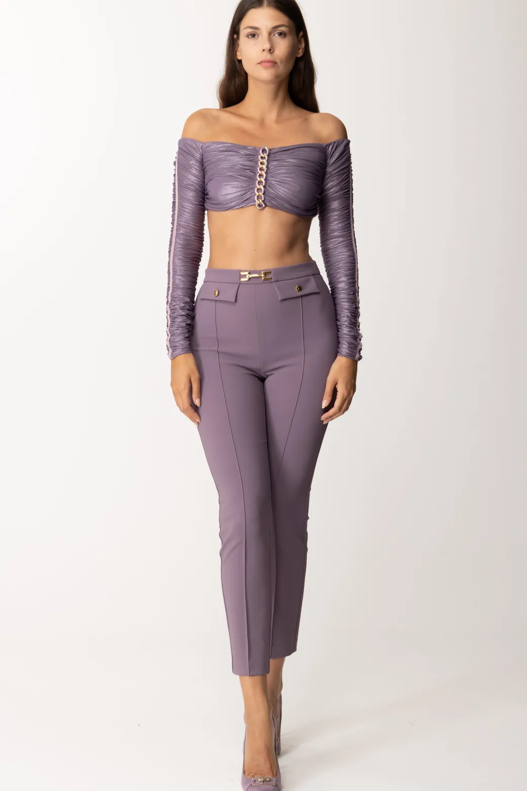 Donna Elisabetta Franchi Top Crop In Jersey Laminato con Catena