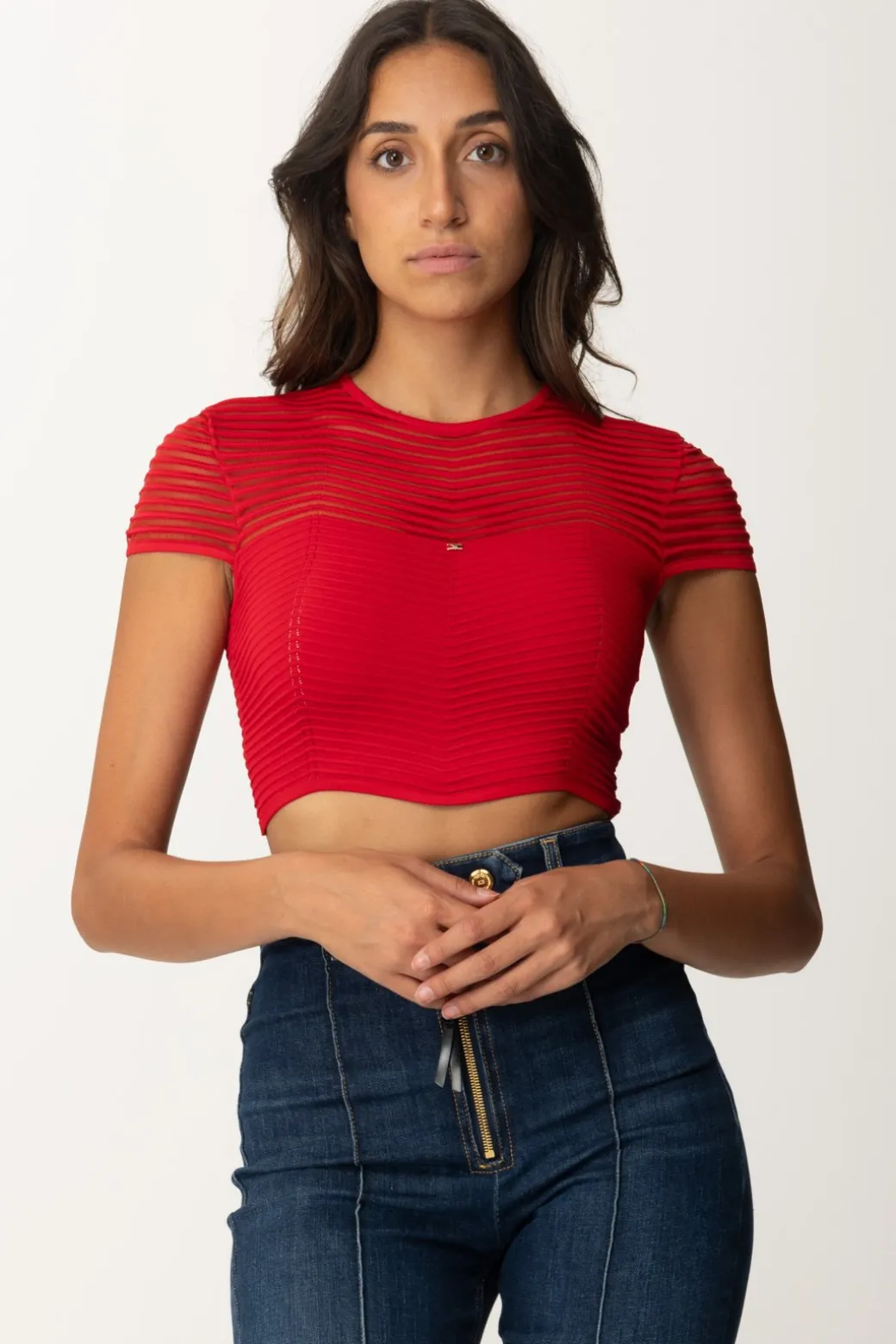 Donna Elisabetta Franchi Top Crop In Maglia con Motivo Chevron