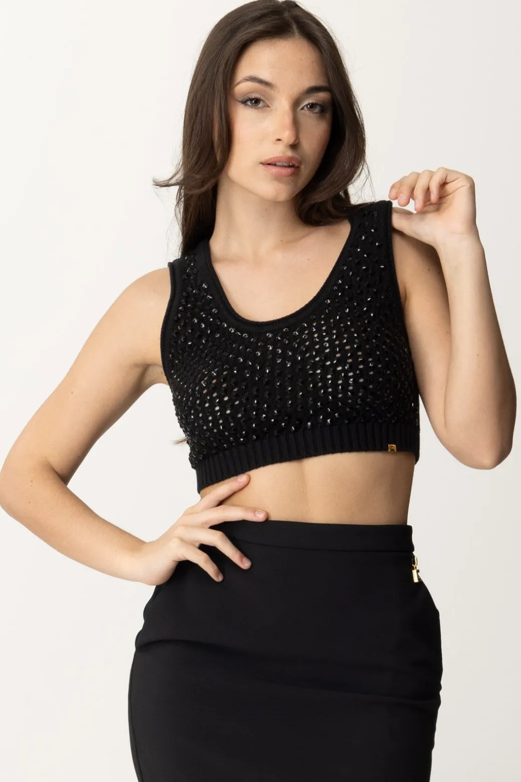 Donna Elisabetta Franchi Top Crop In Rete con Paillettes