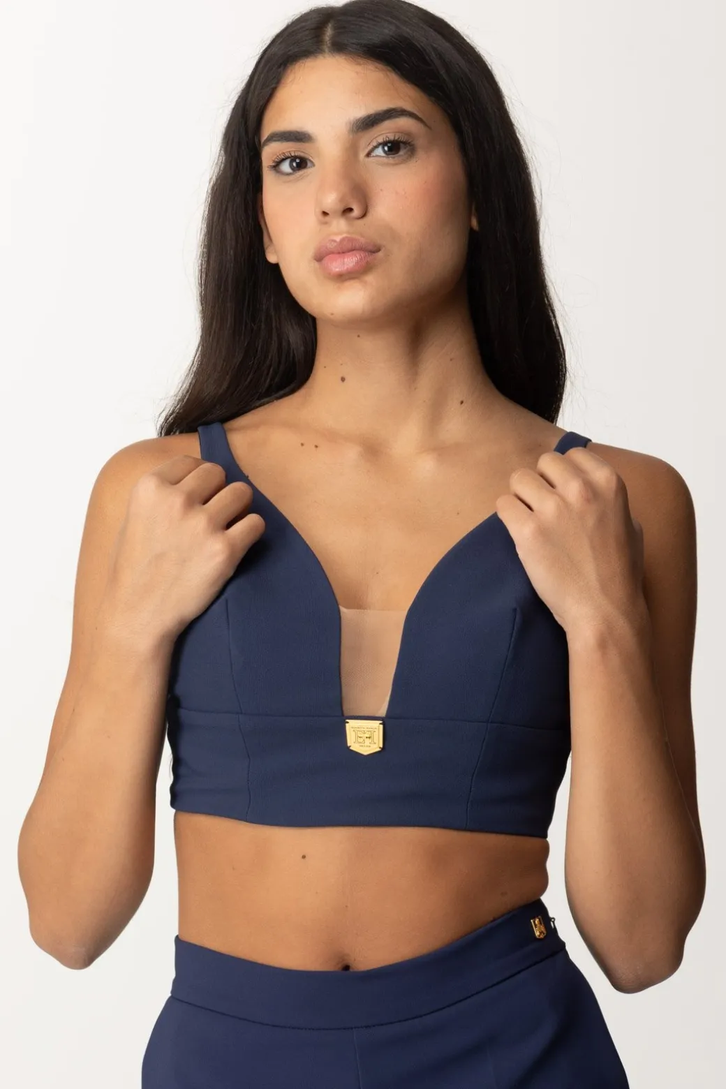 Donna Elisabetta Franchi Top Crop Stretch con Placca Logo