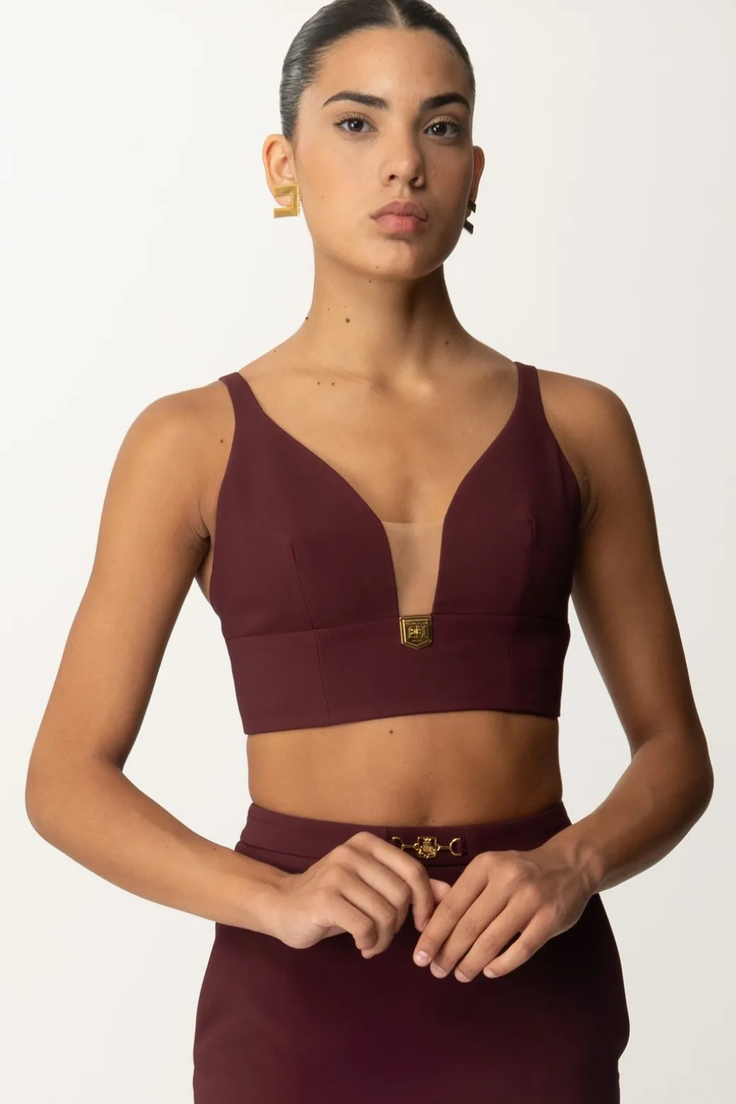 Donna Elisabetta Franchi Top Crop Stretch con Placca Logo