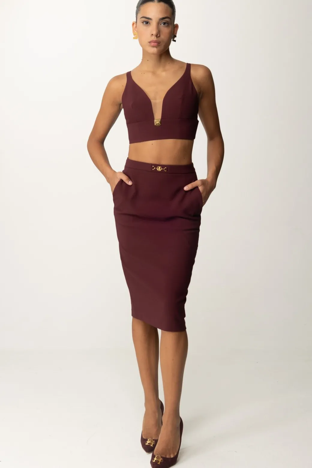 Donna Elisabetta Franchi Top Crop Stretch con Placca Logo