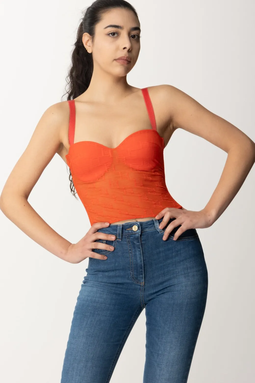 Donna Elisabetta Franchi Top In Tulle con Stampa Ef