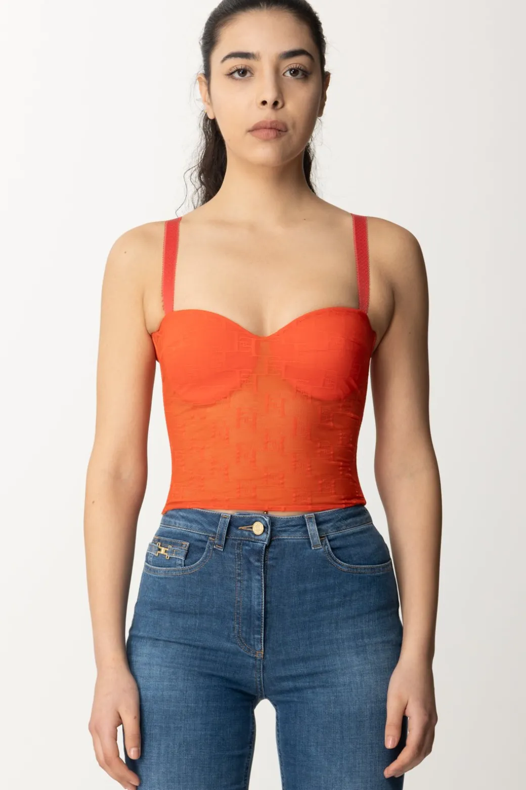 Donna Elisabetta Franchi Top In Tulle con Stampa Ef