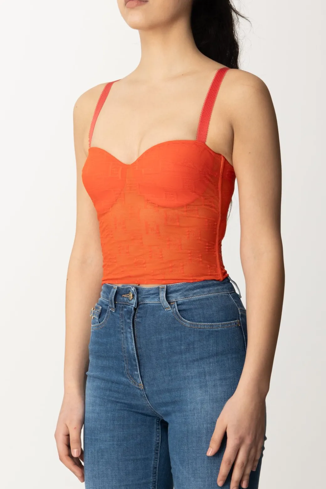 Donna Elisabetta Franchi Top In Tulle con Stampa Ef